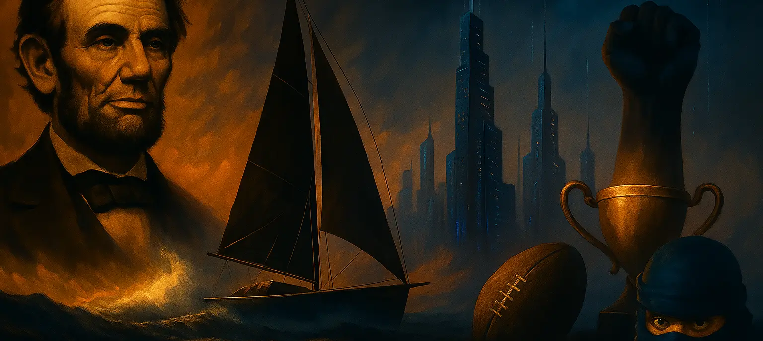 A painting of Lincoln, sailing, sports and a futuristic skyline, symbolizing timeless journeys across history, sports, and fiction